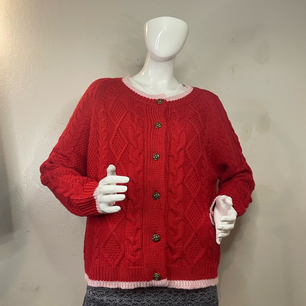 Hazel blues Elegant Red Cable Knit Cardigan - Picture 4 of 9